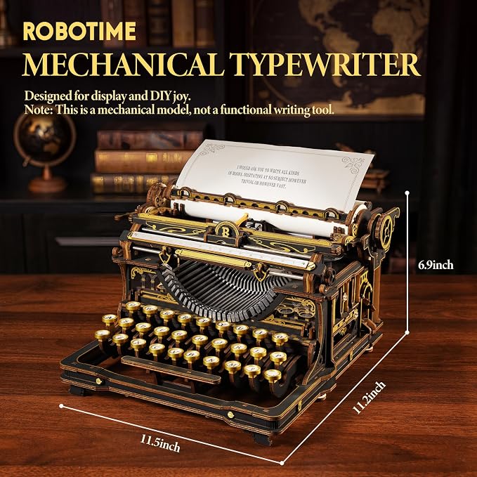 ROBOTIME 3D Wooden Vintage Typewriter Puzzle, Mechanical Moving Model LK703B, Functional Simulated Typing, Retro Desk Home Decor, Challenging Handcraft Gift for Adults Hobbyists 320 PCS