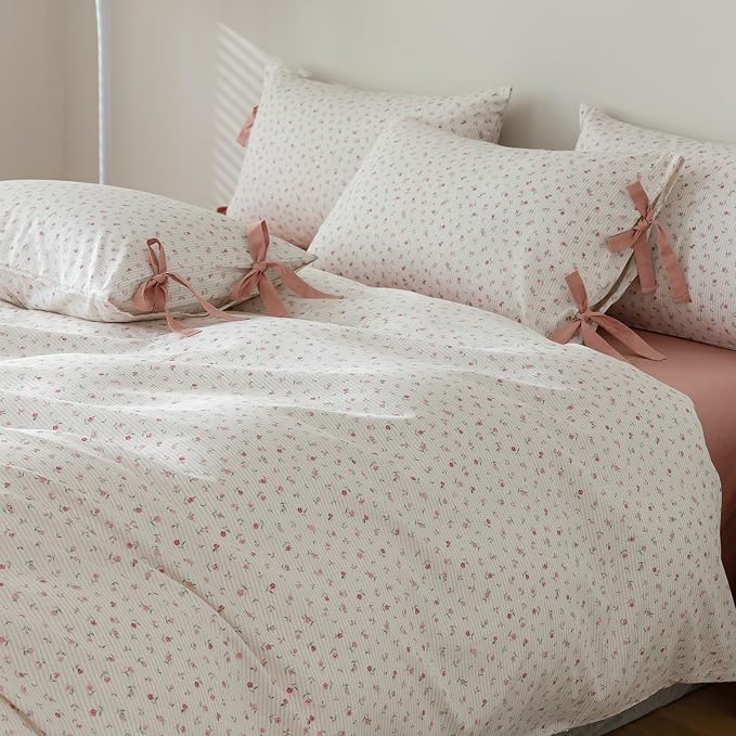 LifeTB King Size Comforter Set Garden Style Pink White Floral Comforter Set Cozy Aesthetic Bedding Cottagecore Comforter Vintage Botanical Flower Comforter with 2 Bow Ties Pillowcases Fluffy Bed Set