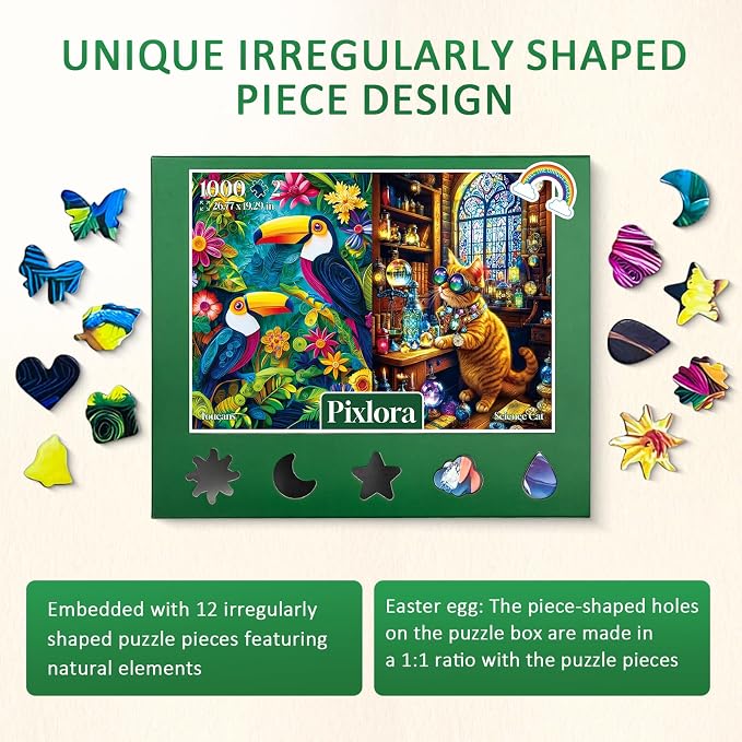Puzzles 1000 Pieces for Adults, 2 Pack Unique Shape Puzzles for Adults, Toucans and Science Cat Theme, Fun Games in Party