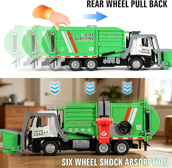 Garbage Truck Toys Diecast Metal Cab Front Loader Waste Management Garbage Truck for Kids and Toddlers Pull Back Trash Truck Toy Set with Lights and Sounds Garbage Truck Toys for Boys Age 4-7