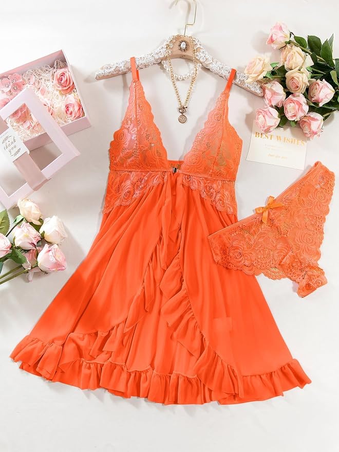 Foxiny Sexy Open Front V Neck Ruffle Sheer Mesh Lace Wireless Babydoll Lingerie Dress with Thong 2 Piece