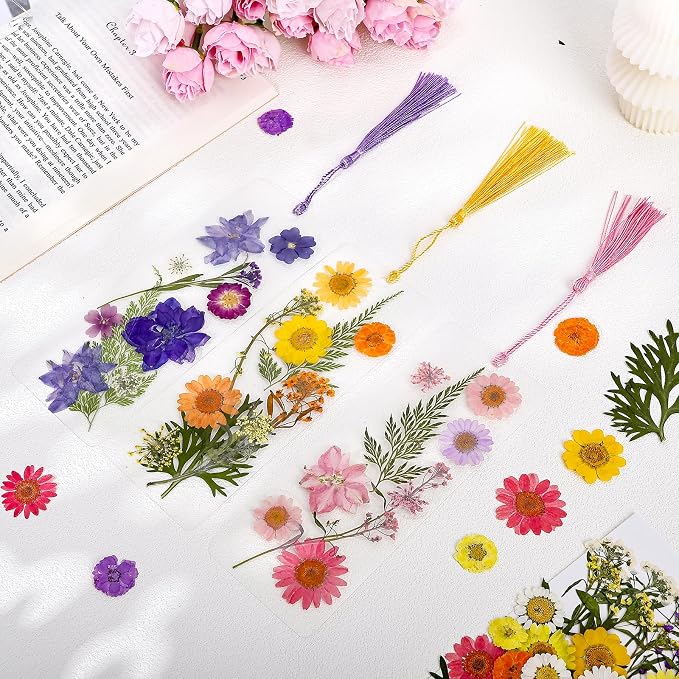 kmfosaat 344 Pcs Pressed Flower Bookmark Making Kit, 50 Laminating Pouches with 242 Dried Flowers, 50 Tassels, Tweezer and Punch, Party DIY Crafts Bookmark for Reading Women Kids