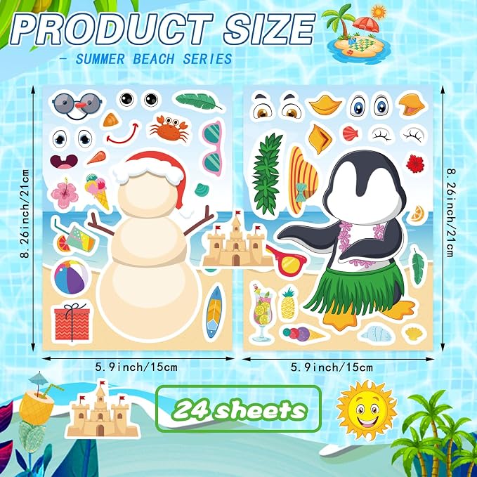 24 PCS Summer Stickers for Kids, July Christmas Make a Face Sticker, Make Your Own Sticker Sheets Chirstmas Santa Claus Hawaiian Tropical Style Stickers for July Party Games Decorations Supplies