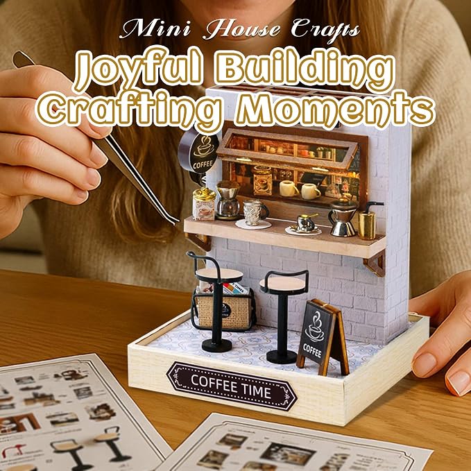 Kisoy Dollhouse Miniature with Furniture Kit, DIY 3D Wooden DIY House Kit with Dust Cover,Handmade Tiny House Toys for Teens Adults Gift (Coffee Time)