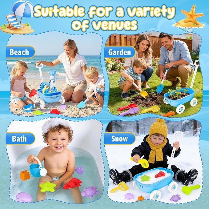 deAO Beach Toys for Kids 21 Pcs Sand Toys Set Includes Wagon Water Wheel Beach Tool Kit Watering Can Molds Summer Gifts for Toddlers Ages 3-8