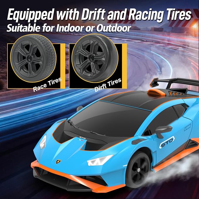 YONCHER RC Drift Car, Remote Control Car for Kids Lamborghini Officially Licensed, 1:24 20KM/H 4WD with Lights, Fast Racing Toy Car for Boys Girls, Blue