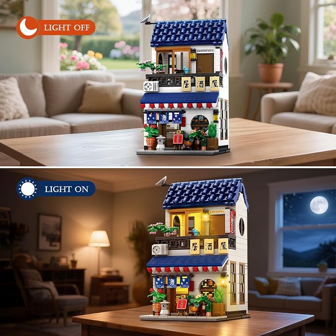 Reobrix Japanese Izakaya Shop Building Blocks, 2-in-1 Modular Street View House with LED Lights, Compatible with Major Brands, 66502 Japanese Architecture Model Kit, Ideal Collectible Gift for Adults