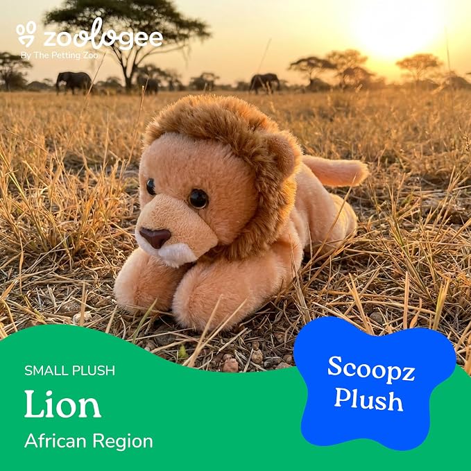 The Petting Zoo Lion Stuffed Animal Plushie, Gifts for Kids, Scoopz Wildlife Animals, Brown Lion Plush Toy, 8 inches