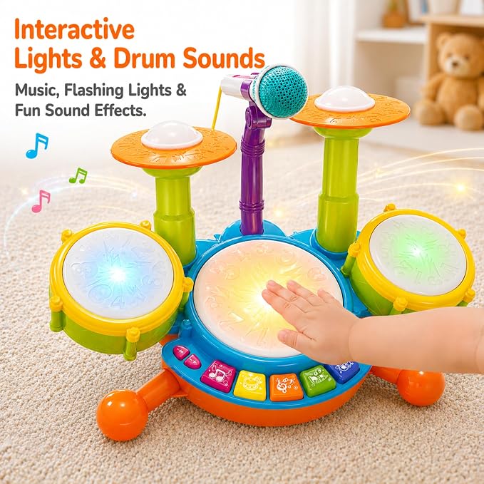 Toddler Drum Set for Toddlers, Baby Drum Set with Microphone & Lights, Kids Musical Instrument Toy for Boys Girls, Birthday Gift, Toddler Music Toy, Early Learning Toy