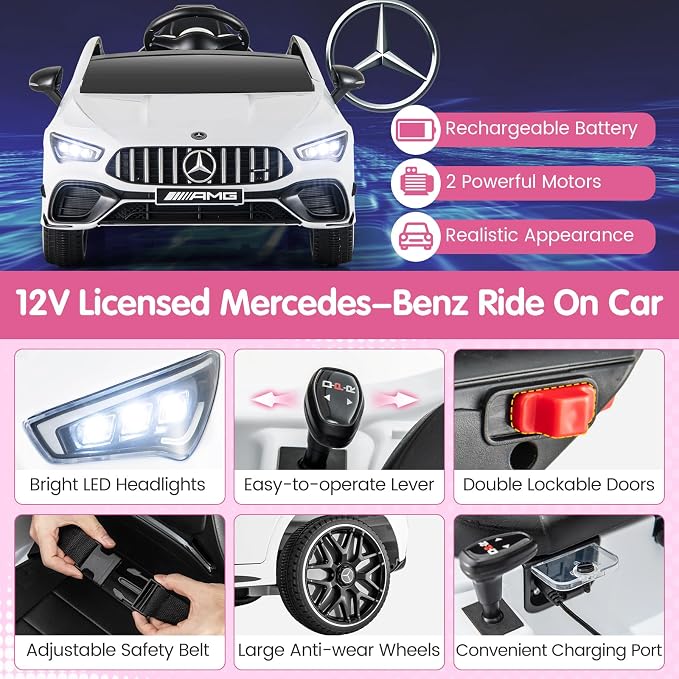 Costzon Ride on Car, 12V Licensed Mercedes-Benz Kids’ Electric Vehicles with Parent Remote, Rocking Function, Music & Horn, LED Headlights & Soft Start, Battery Powered Kids Car Toy for Ages 3+(White)