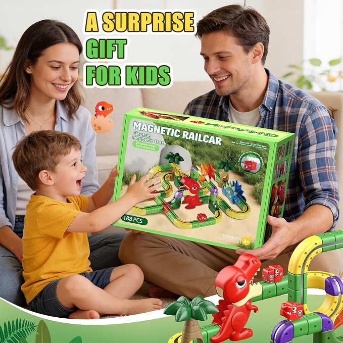 Upgrade Magnetic Train Set: 188PCS 3D Infinity Racer Electric Train Set for Kids Flexible Cube Track Anti-Gravity Dinosaur Train Toys Gifts for 3 4 5 6 7 8-12 Year Old Boys Girls
