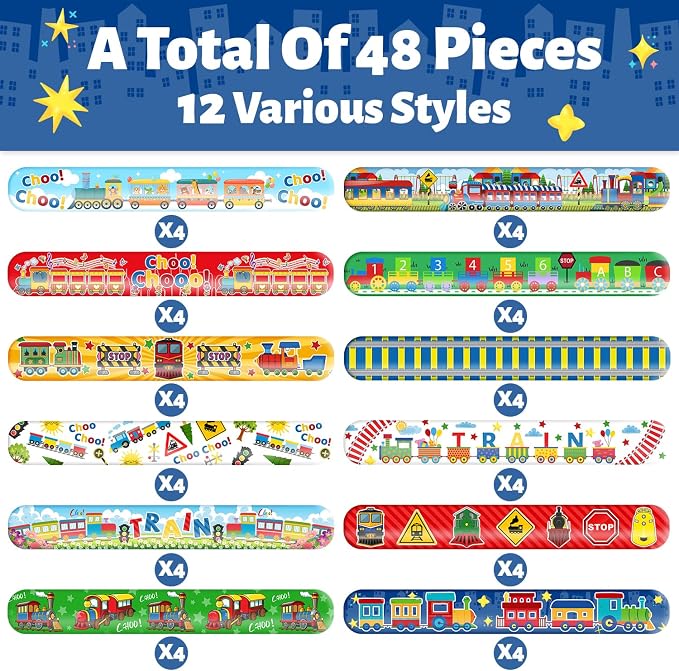 48 PCS Train Slap Bracelets Party Favors Train Wristbands Bracelets Goodie Bag Fillers for Train Birthday Decorations Supplies for Class Reward Prizes Gift for Kids Party Favors Birthday Gifts
