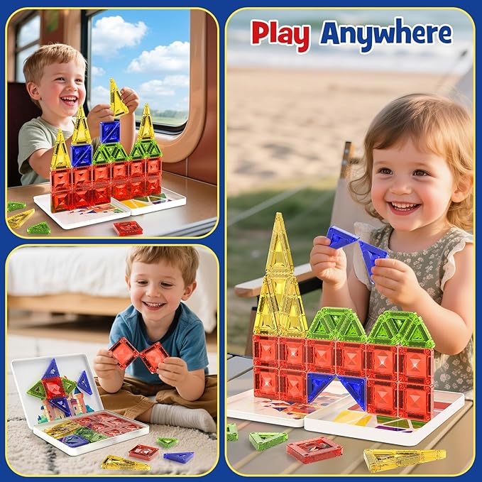 WMXDU Magnetic Tile Mini Diamond Set Travel Size Magnetic Building Toys with Iron Case, Kid's Travel Essential On-The-Go Magnet Construction Toy Set STEM Development Kit Ages 3+, 26-Piece