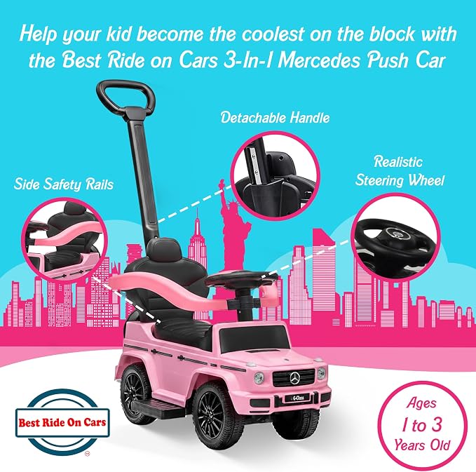 Best Ride On Cars 3 in 1 Mercedes G-Wagon Push Car for Toddlers 1 to 3 Years Old, Kids Outdoor Stroller with Music, Horn Sounds, Realistic Driving Experience, Pink