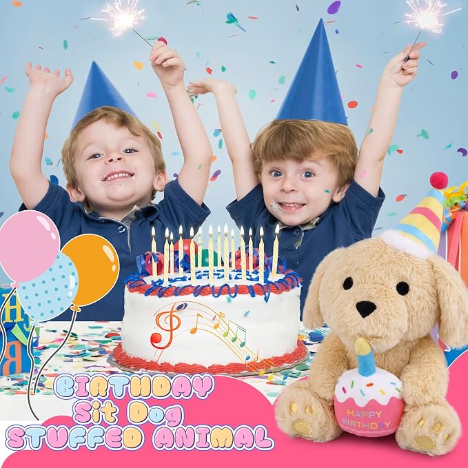 Birthday Sit Dog Plush Toy- Happy Birthday Singing & Glow Stuffed Animal, Musical Dancing Soft Puppy Stuffed Animal with Light-Up Cake, Singing Toy Party Doll Decor Gift for Girls Kids Boys