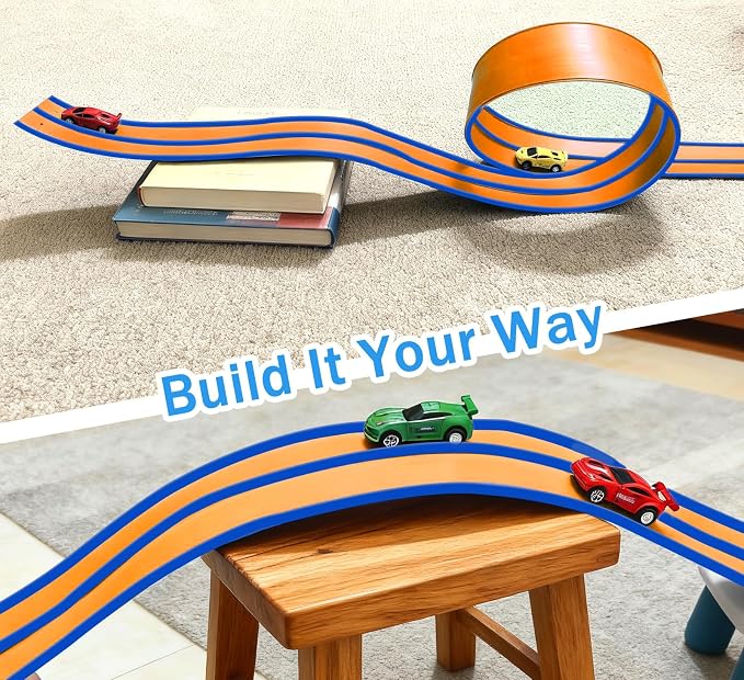 15 Ft Orange Flexible Race Car Track for Kids,Flex Track Starter Set Compatible with Hot Wheels and Diecast 1/64th Cars,Portable Racetrack Roll Up Race Track with 4 Racecars and Suction Cups