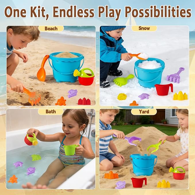20 Pcs Sand Beach Toy Set with Large Bucket,Shovels,Rakes,Watering Can & Castle Molds - Sandcastle Building Kit for Kids Boys Girls Ages 3+, Summer Outdoor Play Accessories for Beach,Pool & Backyard
