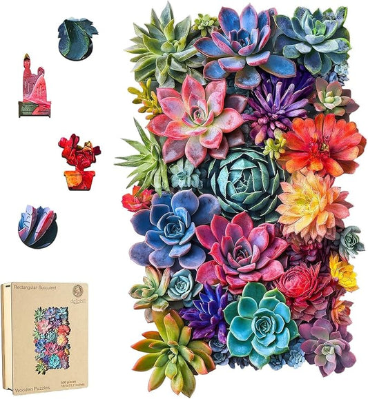 Delobil Rectangular Succulent Wooden Puzzles,500 Pieces Jigsaw Puzzles 18.5'' x11.7'', Unique Design Wooden Puzzles for Adults and Kids, Family Game Gift Royal Size