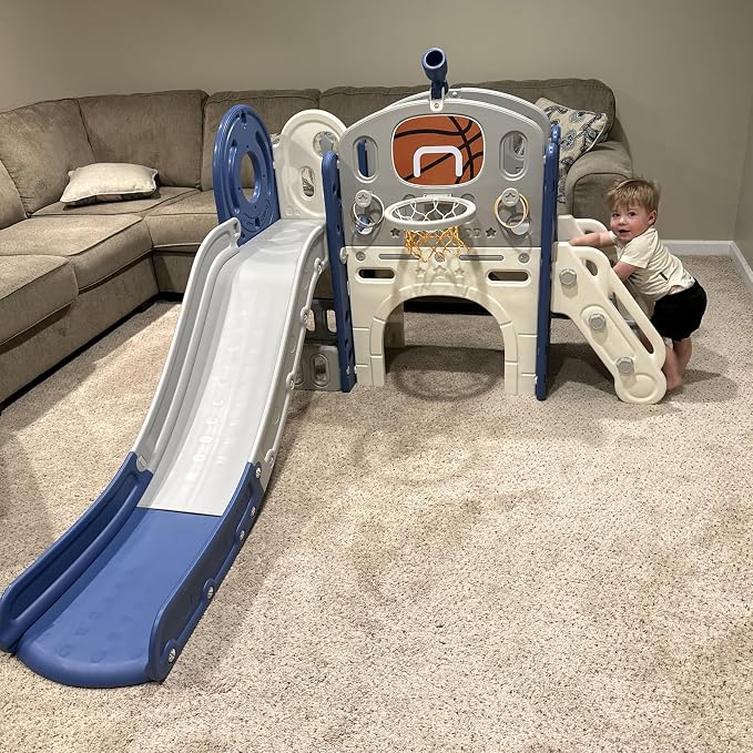 XJD 8 in 1 Toddler Slide Set, Kids Slide for Toddlers Age 1+, Climber Slide PlaySet with Basketball Hoop and Ball,Outdoor Indoor Playground for Toddlers 1-3 (Blue Gley, 8 in 1)