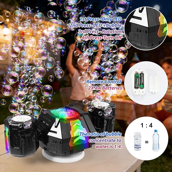 New RC Bubble Machine with RGB Lights, 360° Auto Rotation Bubbles Toy, Rechargeable Battery, Bubble Blower Maker for Kids, Parties, Birthday Gift, Weddings, Indoor Outdoor Activity, Black