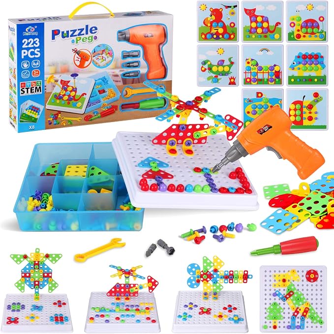 Creative Mosaic Tool Kit with Electric Drill, STEM Building Blocks for Kids, 223PCS Toy Construction Tools, Montessori Educational Construction Toys, Birthday Gift for Boys Girls Ages 3 4 5 6 7 8 9 10