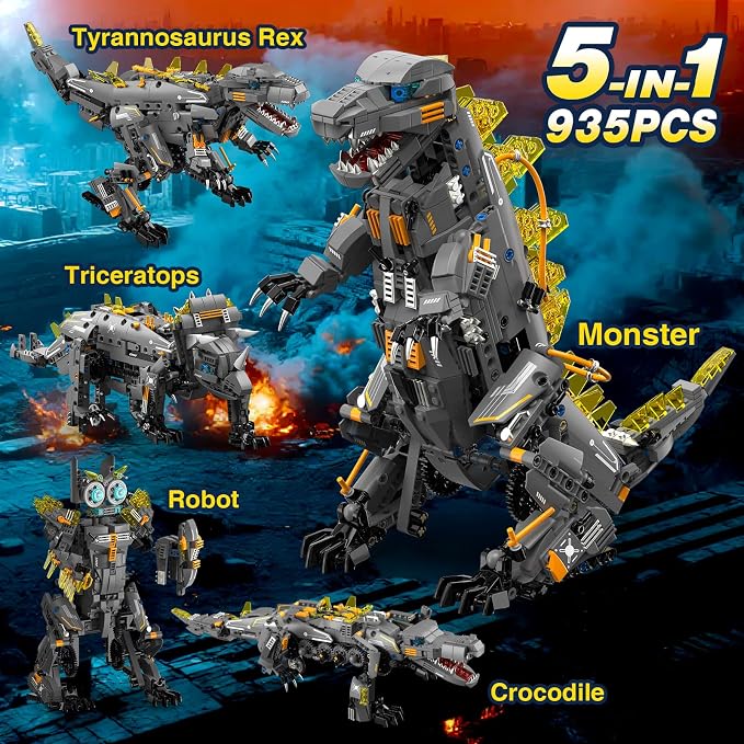 ADUSRIZ Dinasour Toys for Kids Building Set, 935 PCS App & Remote Control Robotics Kit, 5-in-1 Tyrannosaurus/Triceratop/Crocodile/Robot/Monster STEM Toys for Boys Girls Age 6 7 8 9 10 11 12+ Year Old