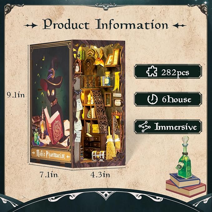 Fsolis Book Nook Kit, 3D Wooden Puzzle for Adults (Magic Pharmacist) | DIY Miniature Magic House Kit, 282 Wood Pieces, Bookshelf Decor with Light and Dusk Cover, Gifts for Women Teens