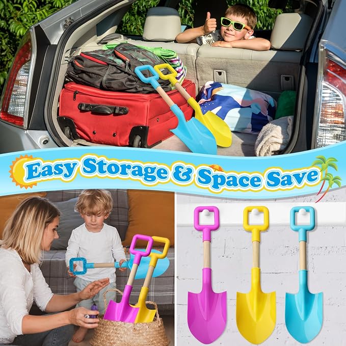 Umnodobn Beach Sand Toys 16" Shovels for Kids Adults, 16 Inch Spade Scoop Gardening Tools, Sandbox Kit Wood Handle Spade for Garden Outdoor Snow Backyard Summer 3 Gift Pack Pink Yellow Blue