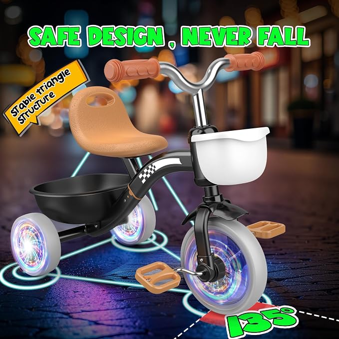 Kkdi Toddler Tricycle for 1-3 3-4 Year Olds, 2 3 4 Year Old Boy Girl Birthday Gifts, Toddler Baby Bike, 3-Level Adjustable Seat, 3 Color Light Wheels, 2 Baskets, Outdoor Riding Toys for Ages 2-4