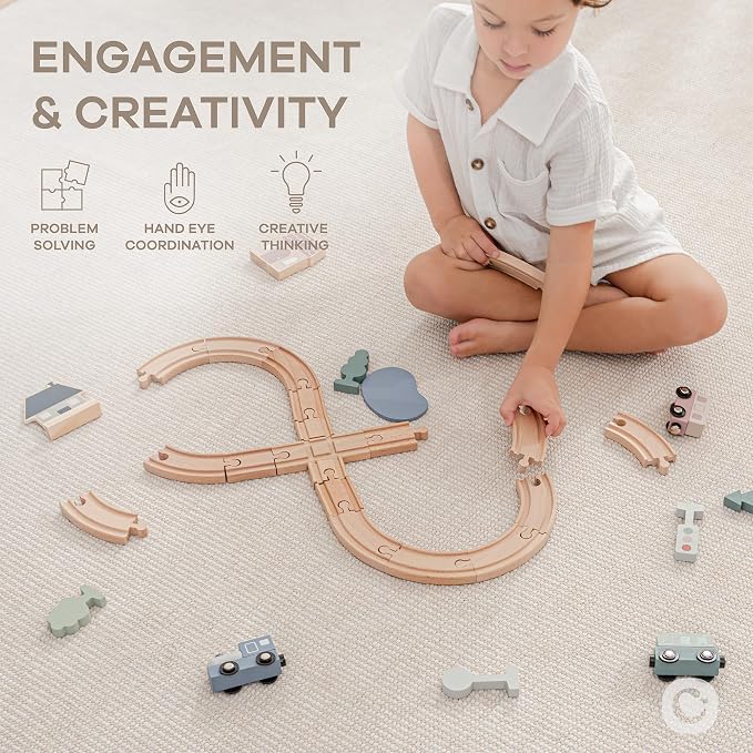 Comfy Cubs 30-Piece Wooden Train Set for Toddlers Ages 1+, Fun & Eco Friendly Toddler Train Set with Wooden Toy Tracks - Creative Toy Town Promoting Imaginative Play with Flexible Configuration