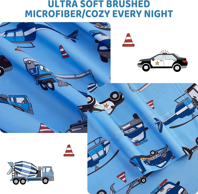 Viviland 3 Pieces Boys Police Car Twin Sheet Set - Soft Microfiber Fitted Flat Sheets & Pillowcase Bed Sheet Set - Blue Airplane Print Bedding Sets for Kids