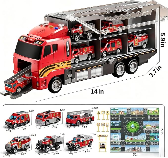Toddler Boys Fire Truck Set: Fire Car Toy for Boy 3 4 5 6 Years Old | with Play Mat and Die-Cast Toy Car | Birthday Gifts Toys for 3-8 Year Old Boys | Girl Toys Cars with Light and Sound