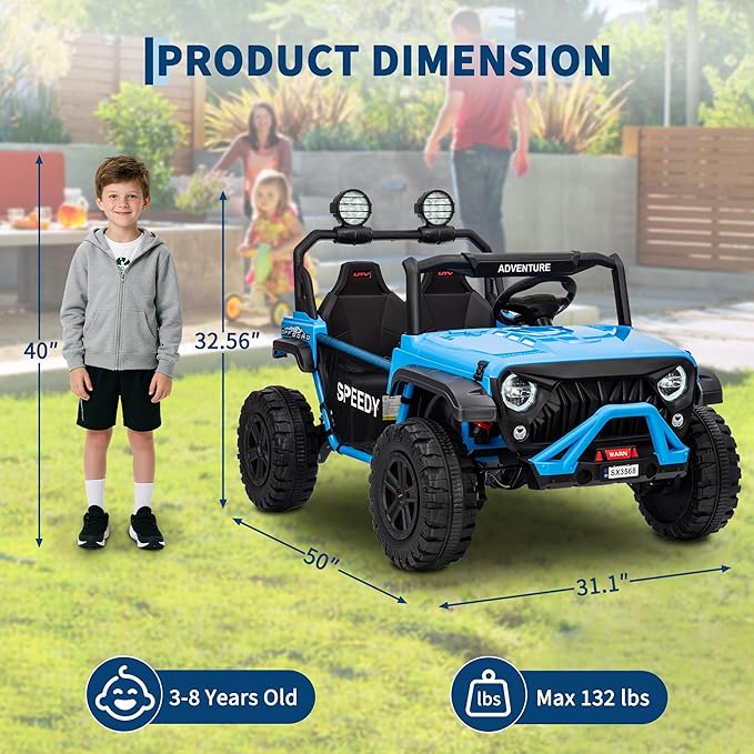Powerful 24V Ride on Car for Kids, Ride on Truck with Remote Control - 4WD Electric Car, 2 Seater UTV, Spring Suspension, Front & Behind LED Lights, Dual Storage, 3 Speeds, Music,