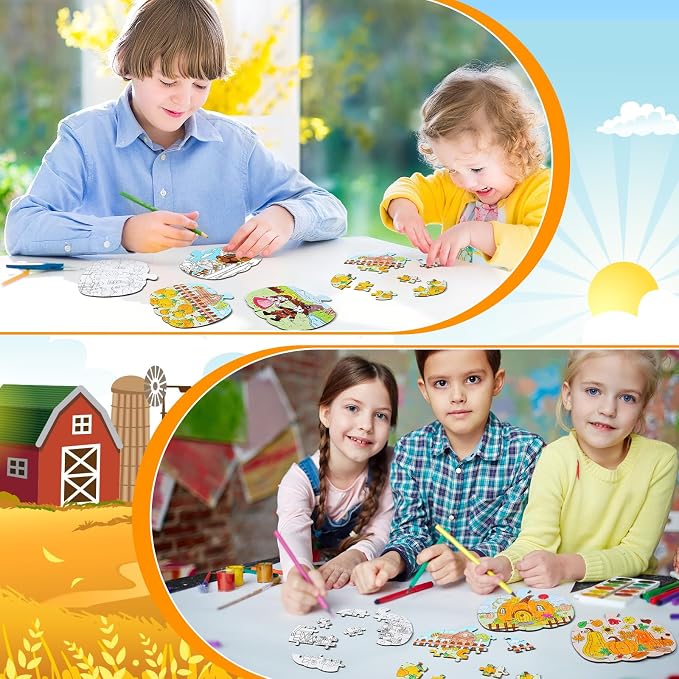 Realspring 24 Pack Fall Thanksgiving Pumpkin Shape Jigsaw Puzzles for Kids Age 3-5, 4-6, 6-8, Color Your Own Autumn Crafts DIY Paper Puzzle Party Favor Gift for Thanksgiving Toddler Children Toy