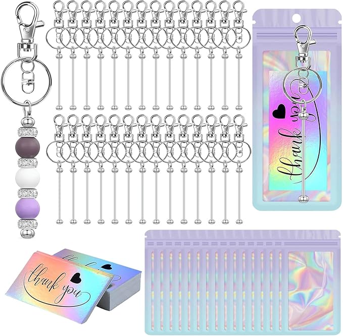 42/84/126 Pcs Beadable Keychain Bars Bulk Blank DIY Beaded Keychain Making Supplies with Bag Thank You Card