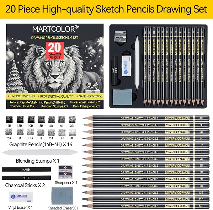 MARTCOLOR Drawing Sketching Pencil Set, 20 Pieces, Graphite Pencils (14B-4H), Charcoal Sticks, Stump, Eraser, Sharpeners, Ideal for Drawing Art, Sketching, Artist Pencils for Beginners & Pro Artists