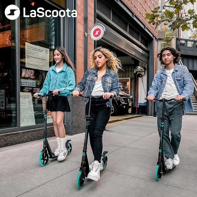 LaScoota Kick Scooter for Kids Ages 6+, Teens & Adults, Large 8" Sturdy Urethane Wheels. Adjustable Handlebar, Lightweight, Foldable, 220lbs Max Load