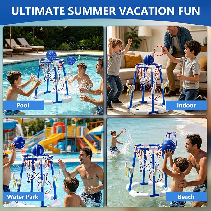 Pool Basketball Hoop with 4 Balls & 12 Rings, 2-in-1 Floating Pool Toys for Kids Adults, Water Game for Indoor Outdoor Swimming Backyard Party, Portable Summer Gifts for Boys Girls Ages 8-12, Blue