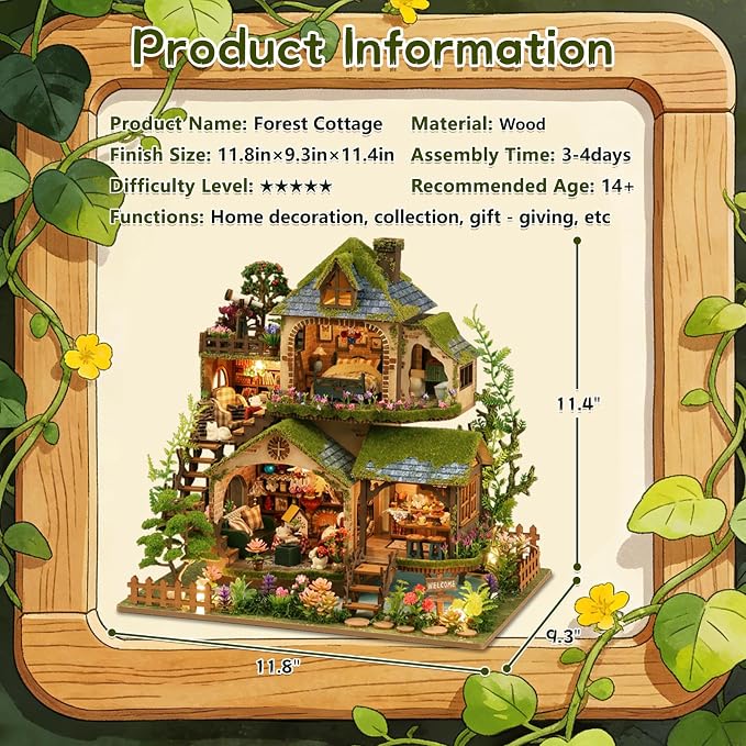 DIY Miniature House Kit, Victorian Dollhouse Kit, 3D Wooden Puzzles Bookshelf Craft Kits, Mini Doll House Building Kit for Adults Teen(Forest Cottage)