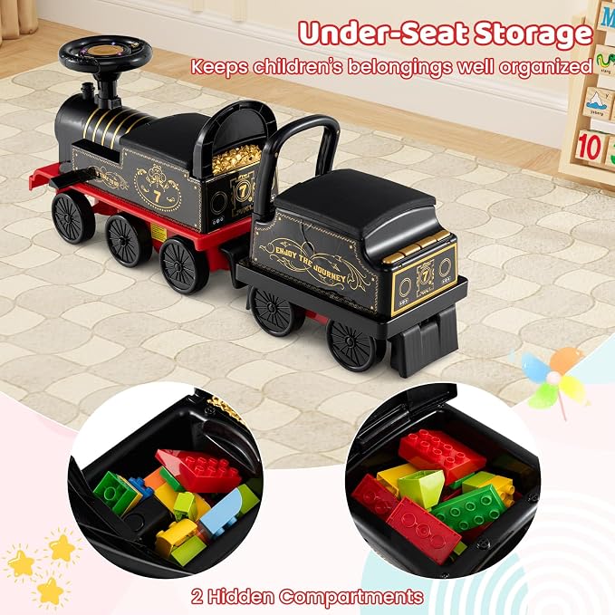 Costzon 2-Seater Ride on Train with Carriage, 6V Ride on Toy w/Under-Seat Storage, Footrests, Train Whistle, Music & Colorful Flashing LED Lights, Electric Car for Kids Aged 18+ (2 Seaters, Black)