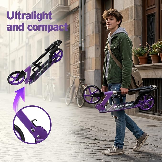 Scooter for Kids Ages 6+, Teens & Adults, Max Load 240 LBS, Foldable Kick Scooter with 8-inch Big Wheels, Kickstand, 3 Adjustable Levels, Rear Brake,