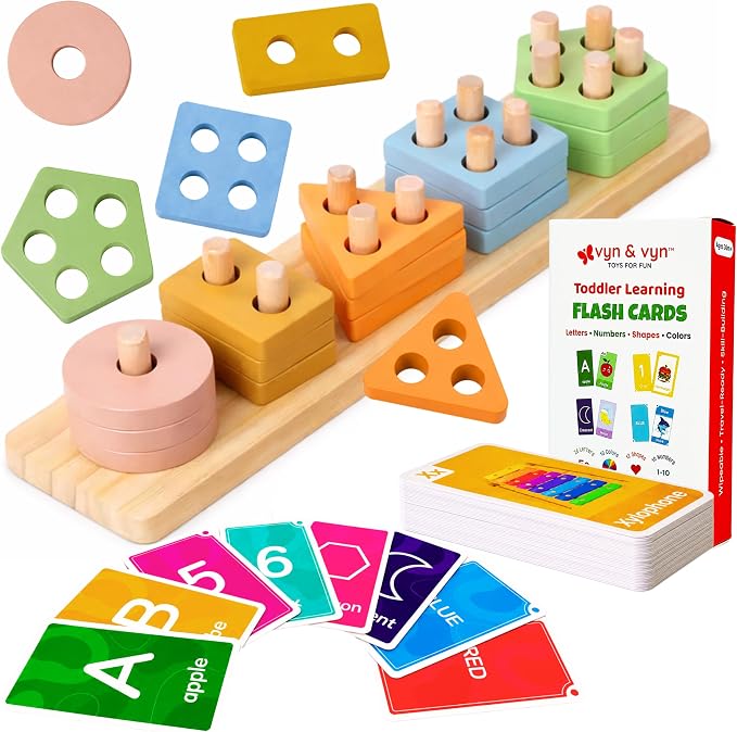 VYN & VYN Montessori Toys for 3+ Year Old Boys Girls, 2-in-1 Wooden Shape Sorter & 58 Flash Cards, Stacking and Sorting Toy, Color & Shape Matching Learning Puzzle, Educational Toy for Toddlers