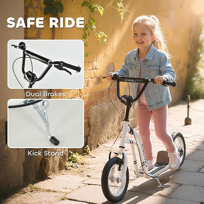 Aosom Kick Scooter with Dual Caliper Brakes, Big Wheels Kick Scooter for Ages 5+, 12-Inch Inflatable Front Wheel, Max Load 220lbs