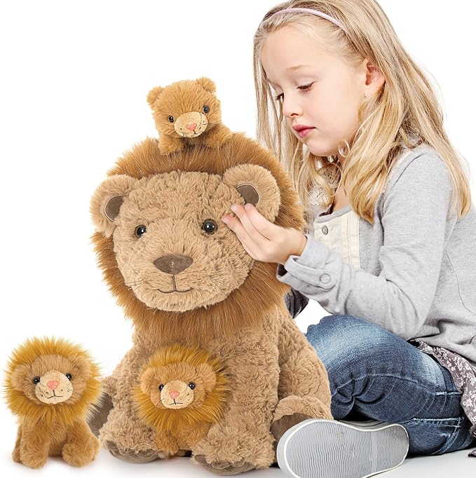 Lion Plush Toy, 17.7" Mother Lion Stuffed Animal with 3 Cute Baby Lions, 4Pcs Wild Animal Stuffed Toy for Kids Boys Girls, Safari Animal Plushies Gift for Christmas Birthday, Brown