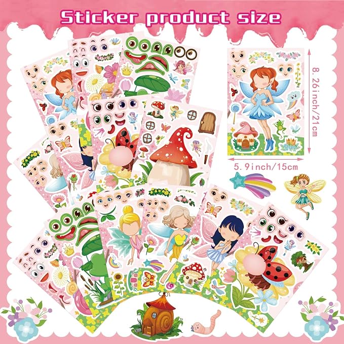 24 PCS Fairy Stickers for Kids, Make a Face Sticker with 8 Unique Designs Fairy, Frog, Mushroom, Make Your Own Stickers for Girls Birthday Party Favors, Goodie Bags, DIY Crafts