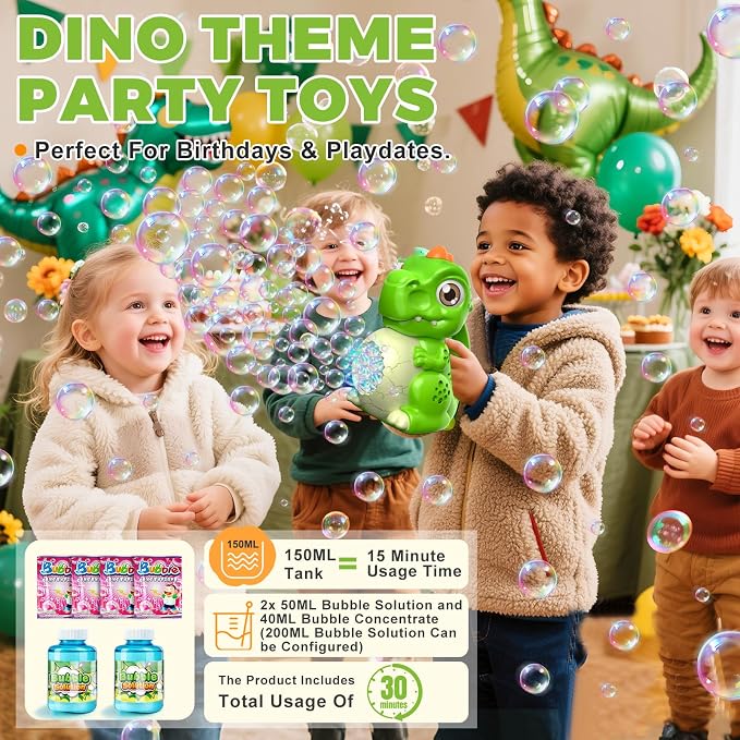 Toddler Toys Dinosaur Bubble Machine: Automatic Blower with Lights, Large 150ML Tank & Powerful Motor - Produces 15,000+ Colorful Bubbles/Min for Magical Party, Birthday