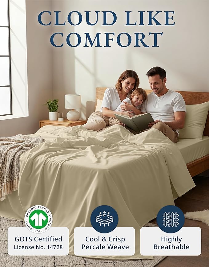 LANE LINEN 100% Organic Cotton Queen Size Sheets Set, Eco Friedly Mercerized Fully Elasticized Queen Sheets, Naturally Temperature Regulating Cooling Cotton Sheets- Linen
