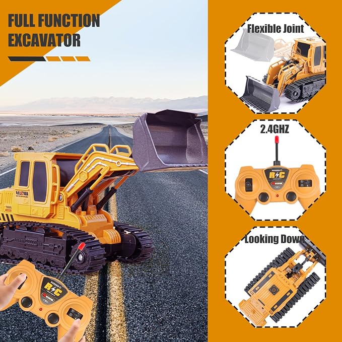 Jiakora Remote Control Front Loader - Metal Shovel, LED Working Lights, Music & 2 Rechargeable Batteries, Construction Toys for Boys Age 4 5 6 7 8 Birthday Gift