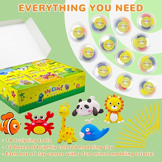Air Dry Clay for Kids – 12 Animal Modeling Clay Craft Kit with Sculpting Tools and Step-by-Step Tutorials, Non-Toxic Modeling Clay for Ages 6-12, Art Activity Set for Boys Girls