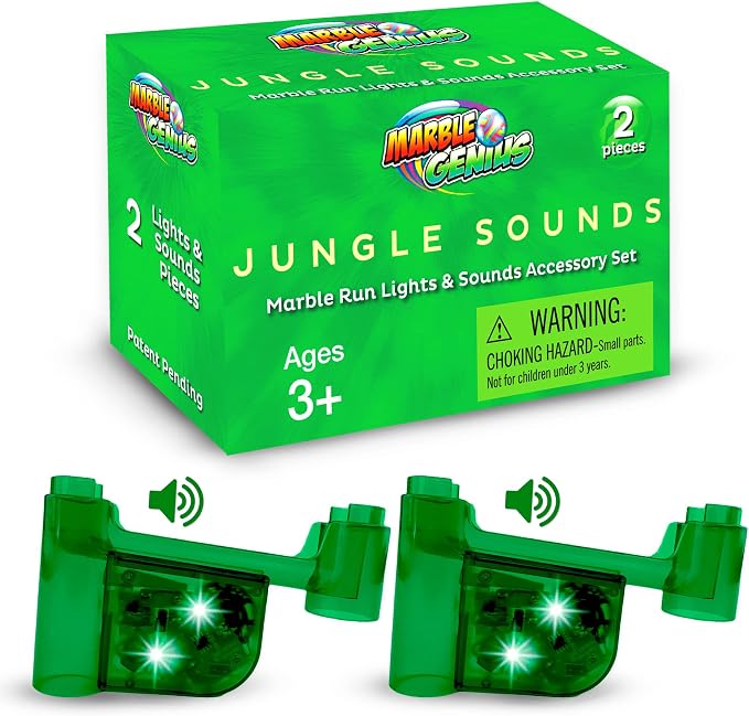 Marble Genius Marble Run Lights & Sounds Accessory Set - 10 Randomized Jungle Sounds and 2 Flashing Lights, Compatible with Any Marble Genius Set, for Ages 3 and Above, Green-Jungle Sound
